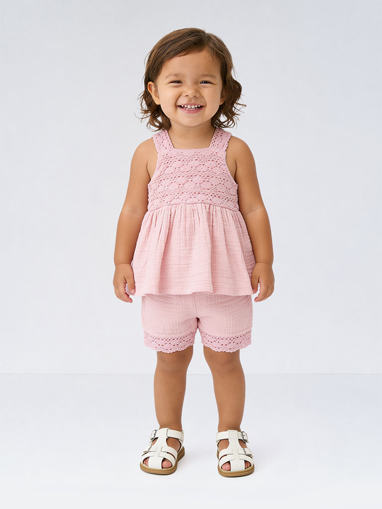 HOP Baby Girls Pink Crochet Embroidered Cotton Top and Shorts Set