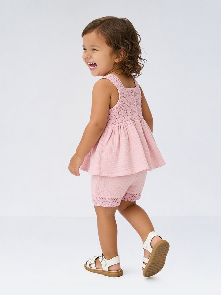 HOP Baby Girls Pink Crochet Embroidered Cotton Top and Shorts Set
