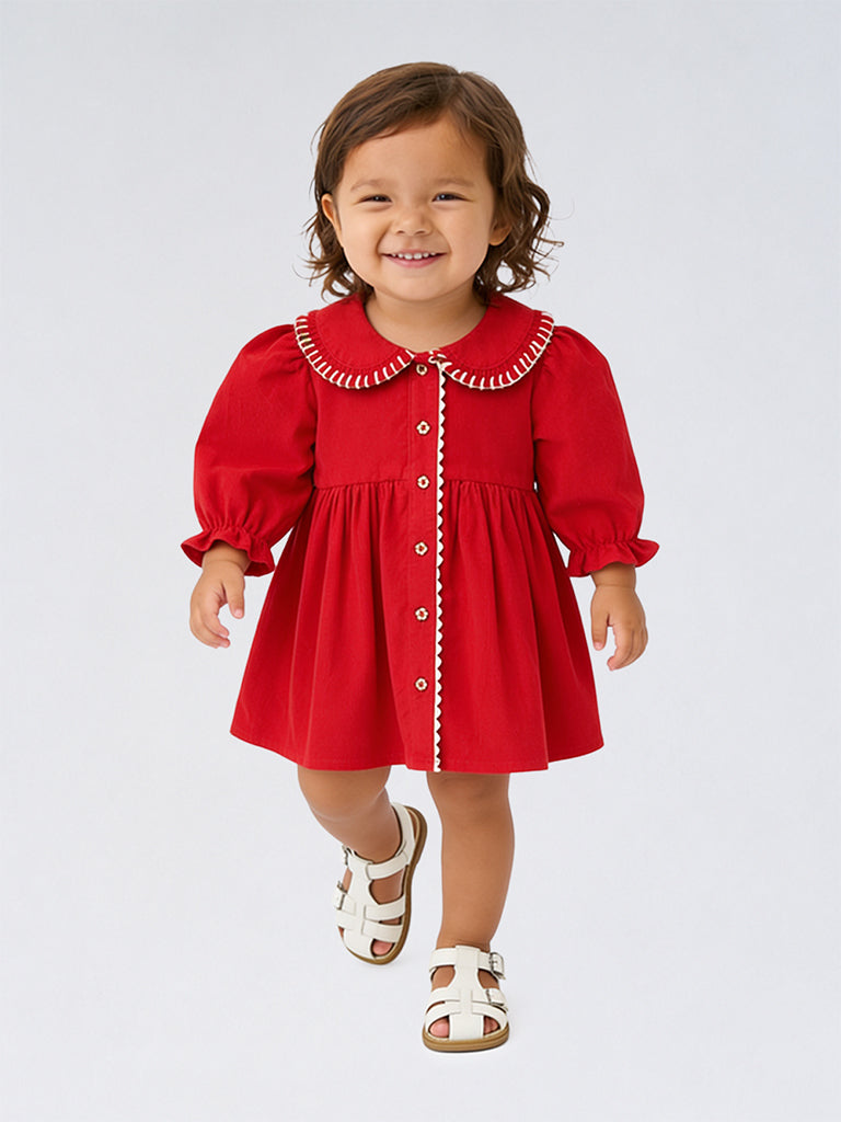 HOP Baby Girls Red Cotton A-Line Dress