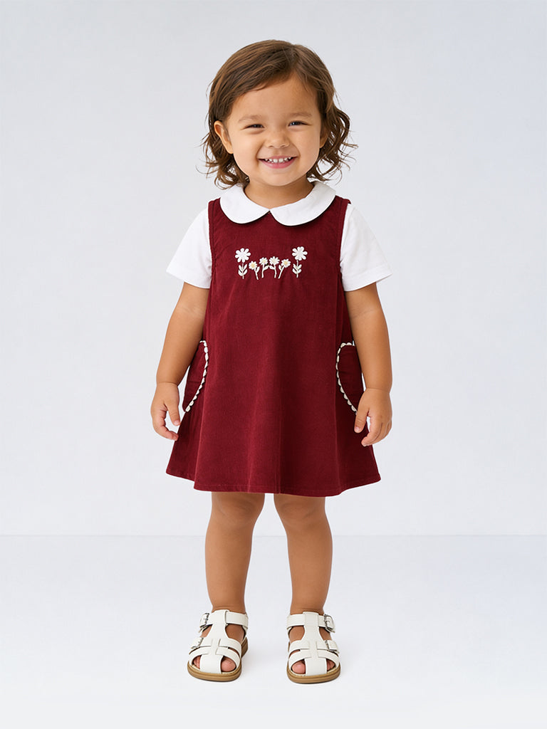 HOP Baby Girls Red Floral Embroidered Cotton Pinafore with Shirt Set
