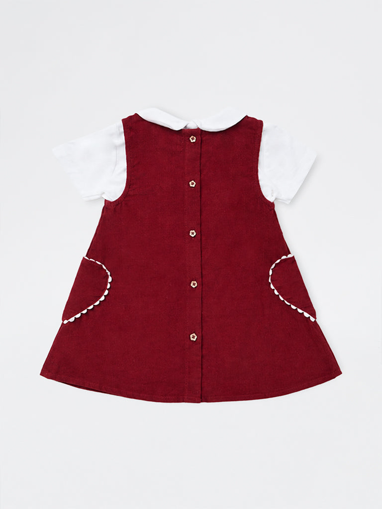 HOP Baby Girls Red Floral Embroidered Cotton Pinafore with Shirt Set