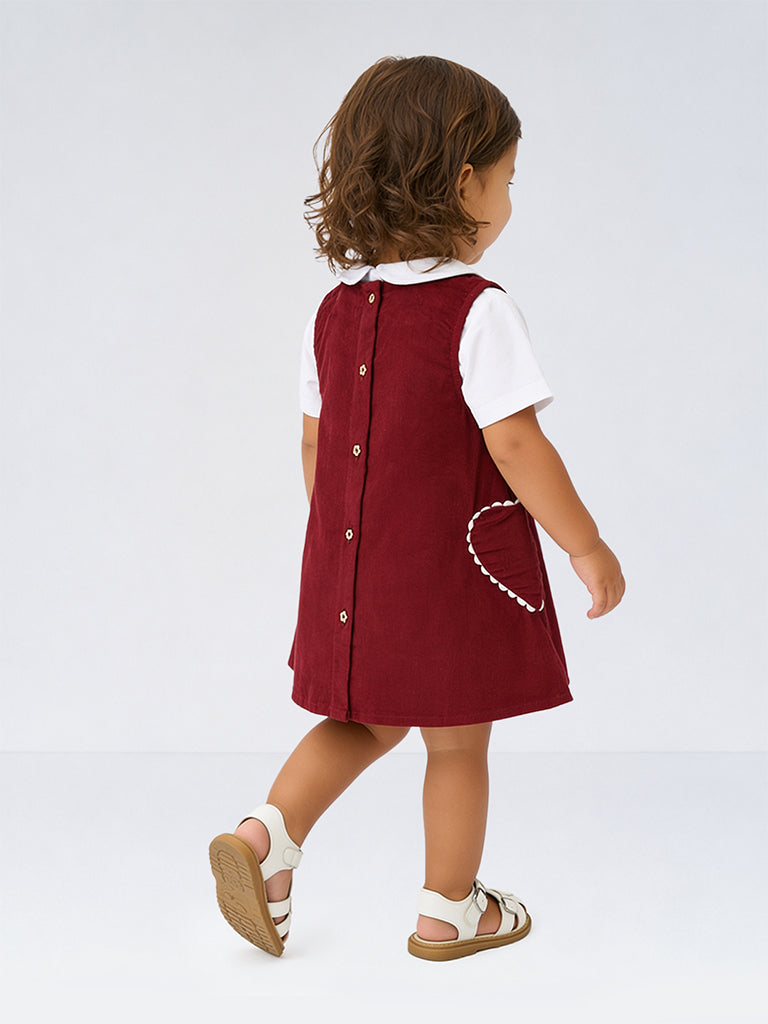 HOP Baby Girls Red Floral Embroidered Cotton Pinafore with Shirt Set