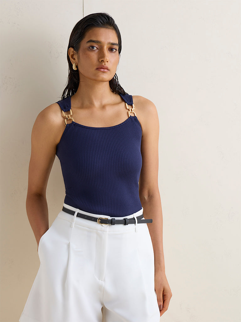 Wardrobe Navy Ribbed-Textured Tank Top