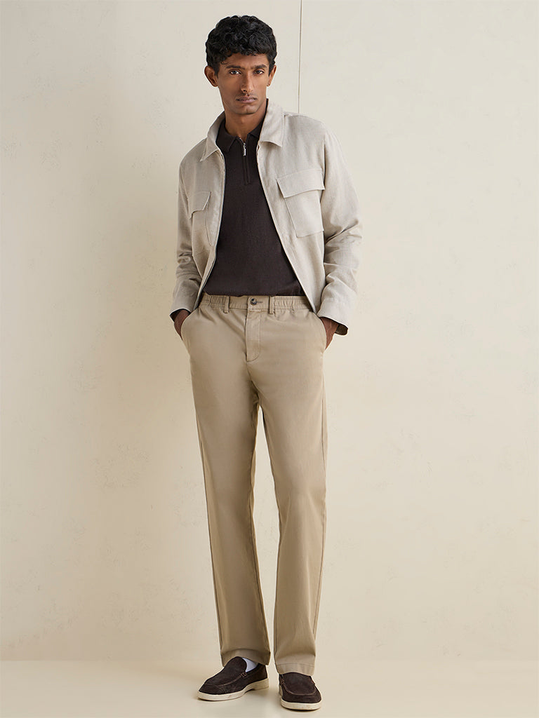 Ascot Khaki Relaxed-Fit Mid-Rise Cotton-Blend Trousers