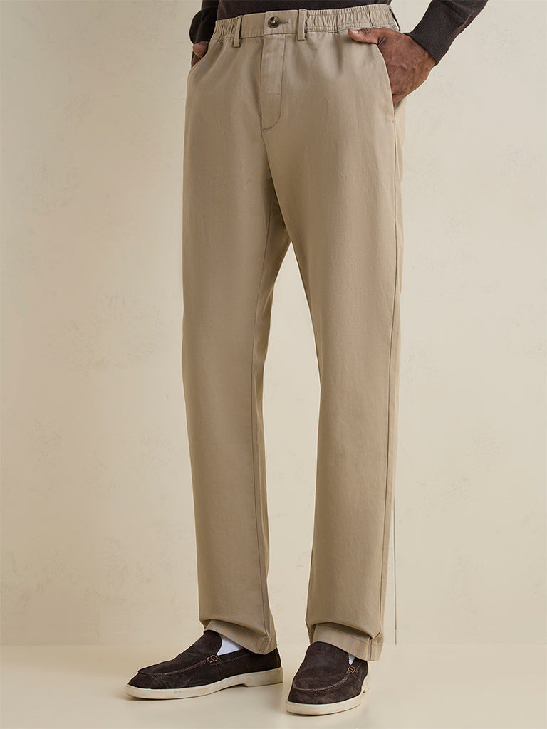 Ascot Khaki Relaxed-Fit Mid-Rise Cotton-Blend Trousers