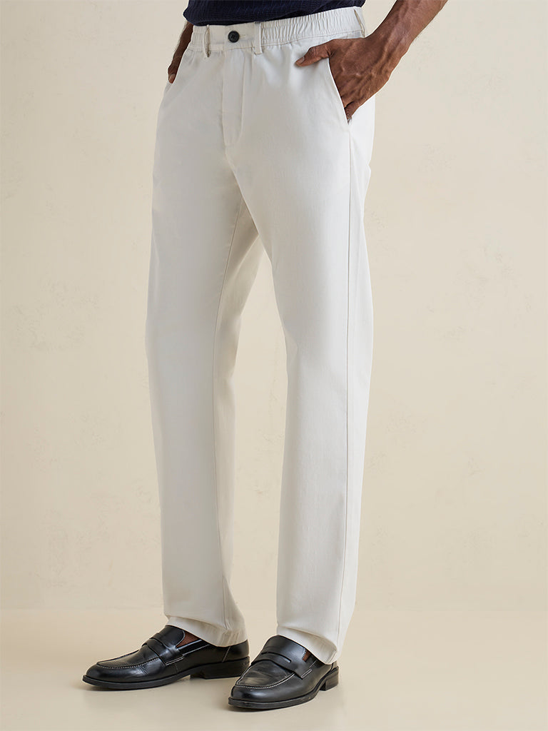 Ascot Off-White Cotton-Blend Relaxed-Fit Mid-Rise Trousers