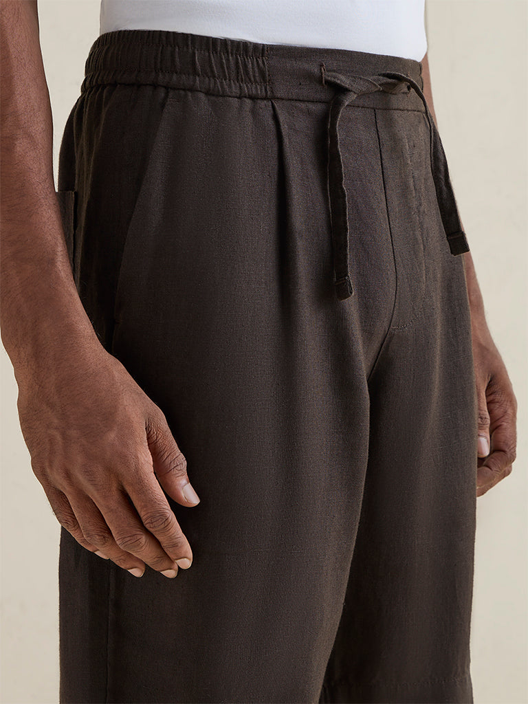 Ascot Dark Brown Relaxed-Fit Mid-Rise Linen Shorts