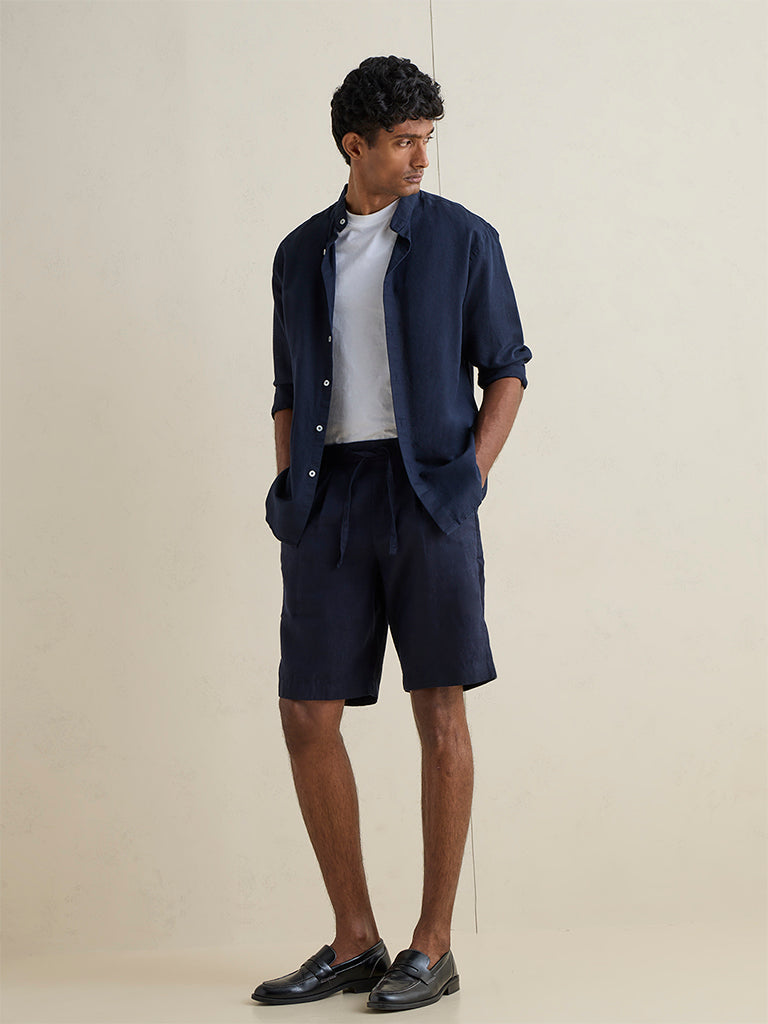 Ascot Navy Relaxed-Fit Mid-Rise Linen Shorts