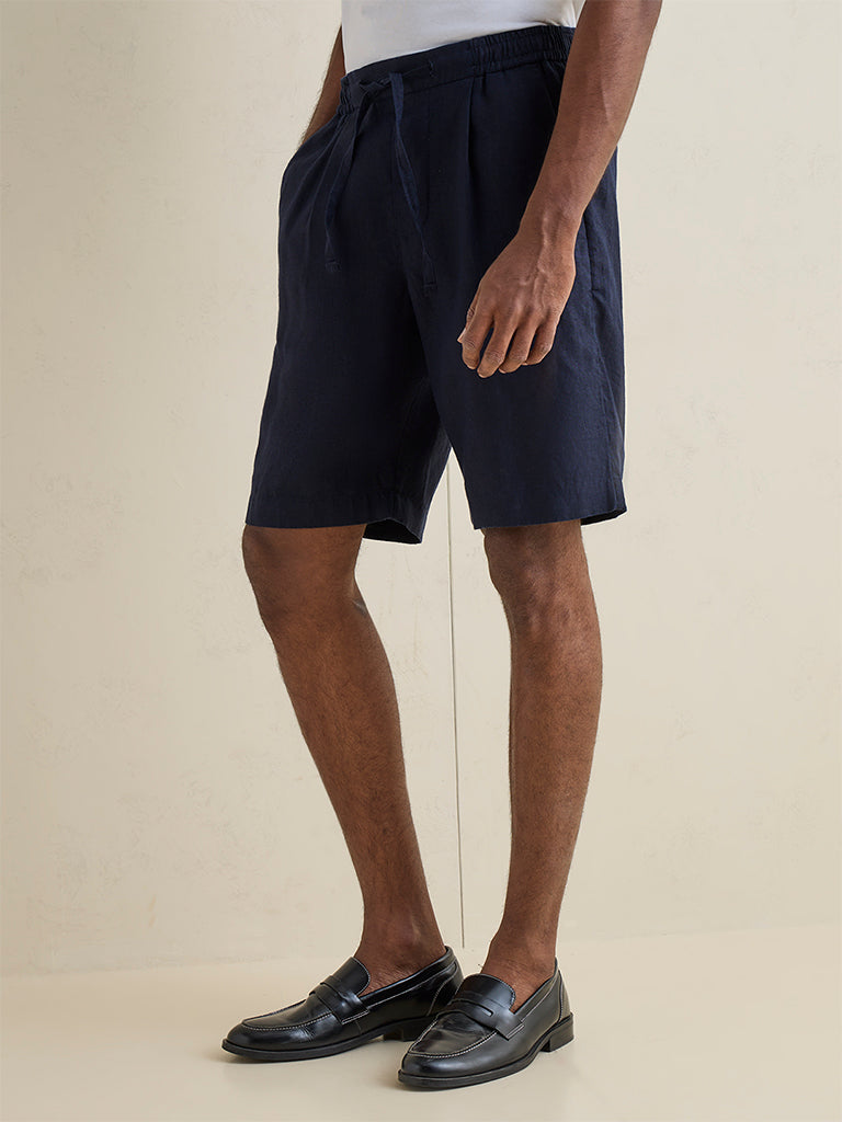 Ascot Navy Relaxed-Fit Mid-Rise Linen Shorts