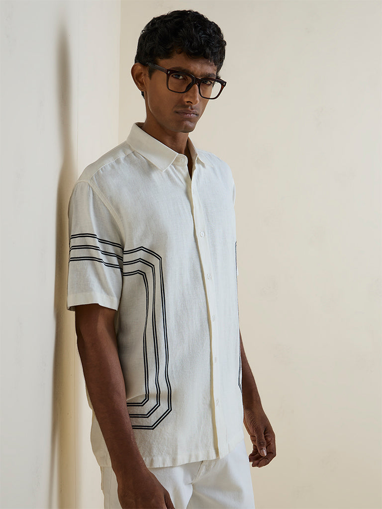 Ascot Off-White Geometric Printed Relaxed-Fit Shirt