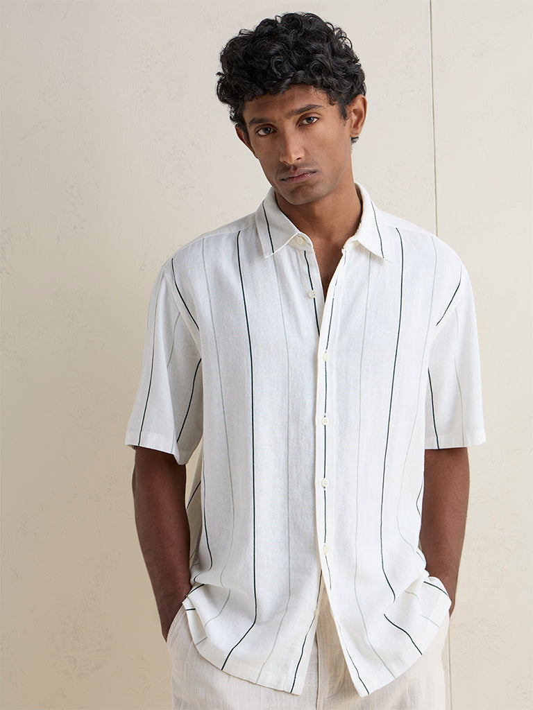Ascot Off White Striped Relaxed-Fit Linen-Blend Shirt