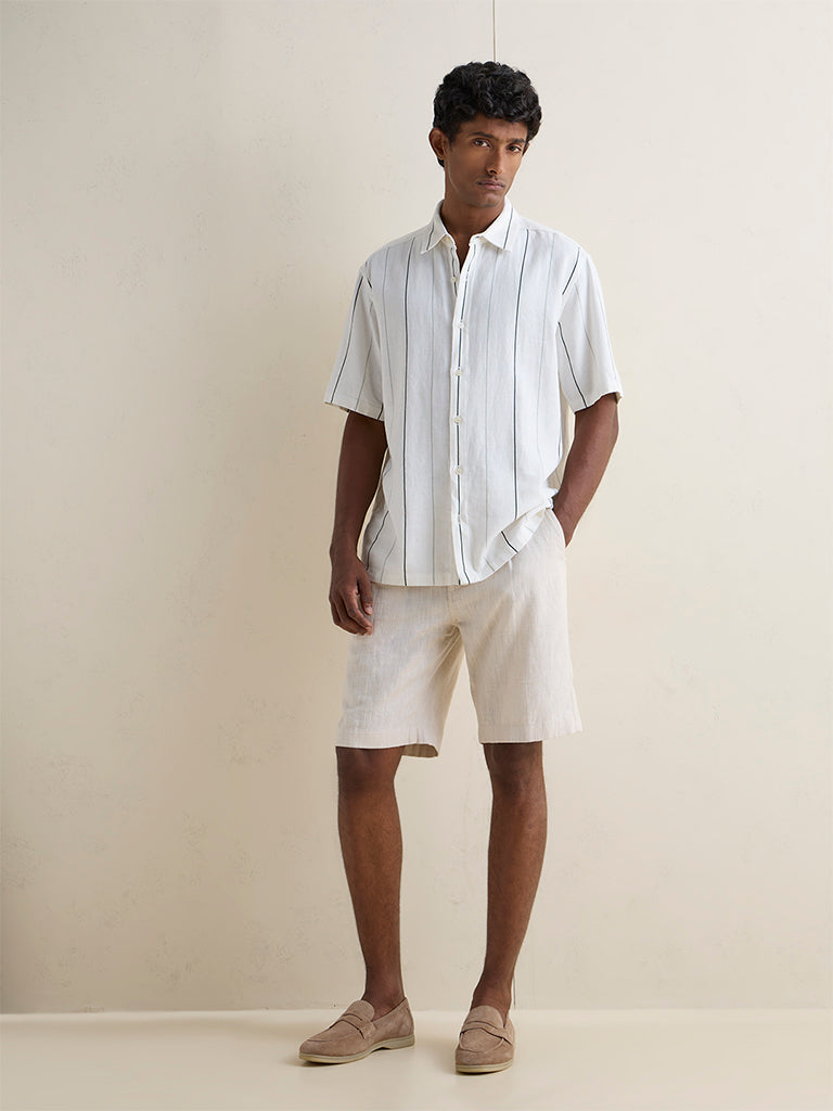 Ascot Off White Striped Relaxed-Fit Linen-Blend Shirt