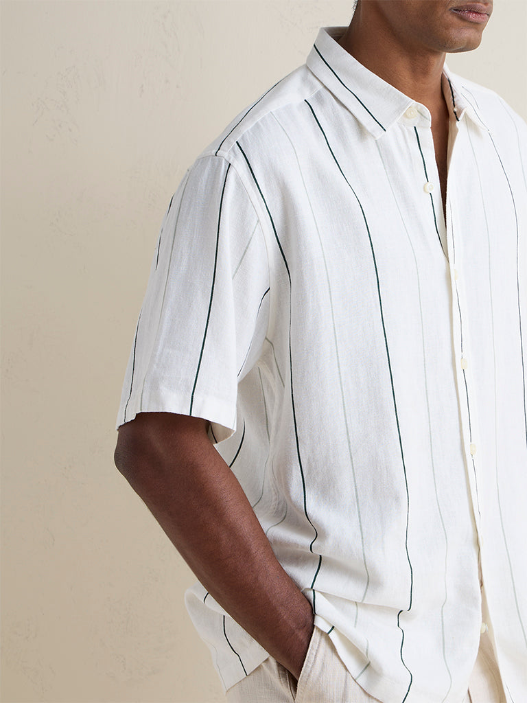 Ascot Off White Striped Relaxed-Fit Linen-Blend Shirt