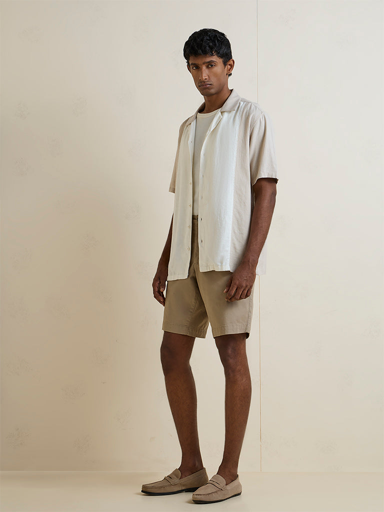 Ascot Beige Colour-Blocked Relaxed-Fit Linen Shirt