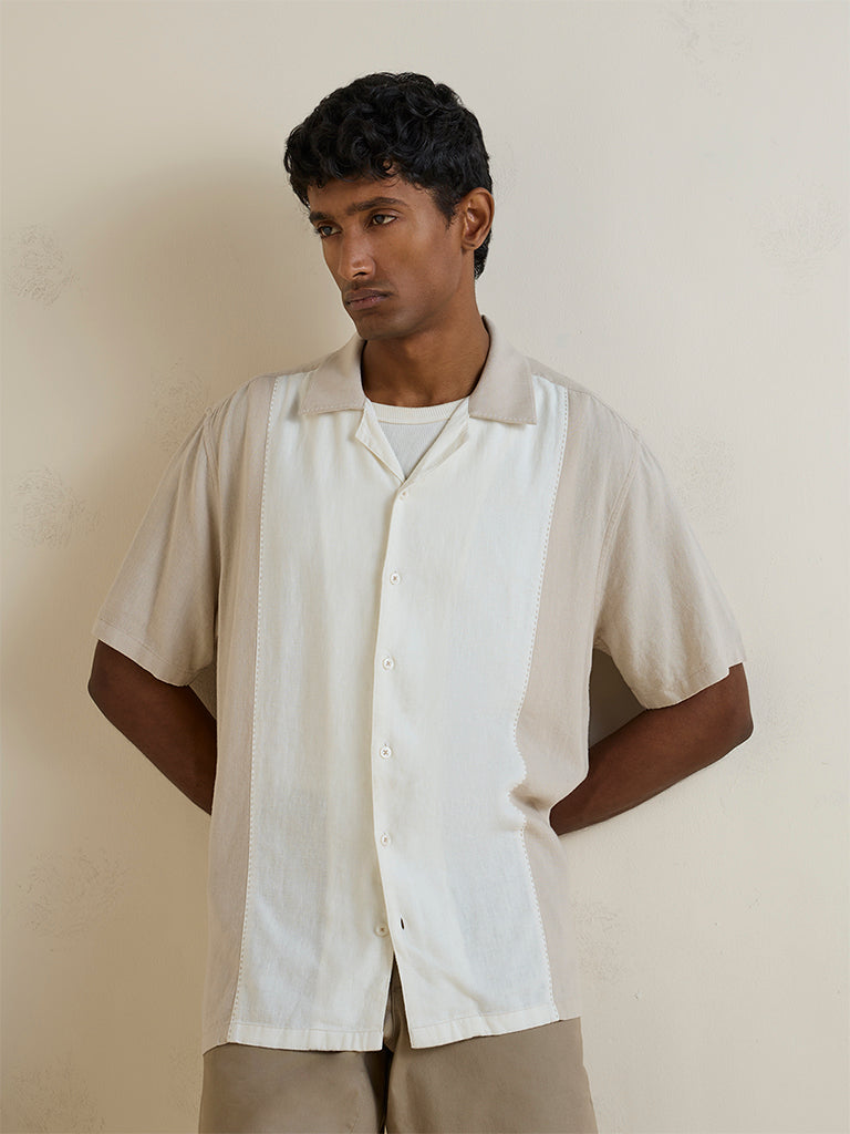 Ascot Beige Colour-Blocked Relaxed-Fit Linen Shirt
