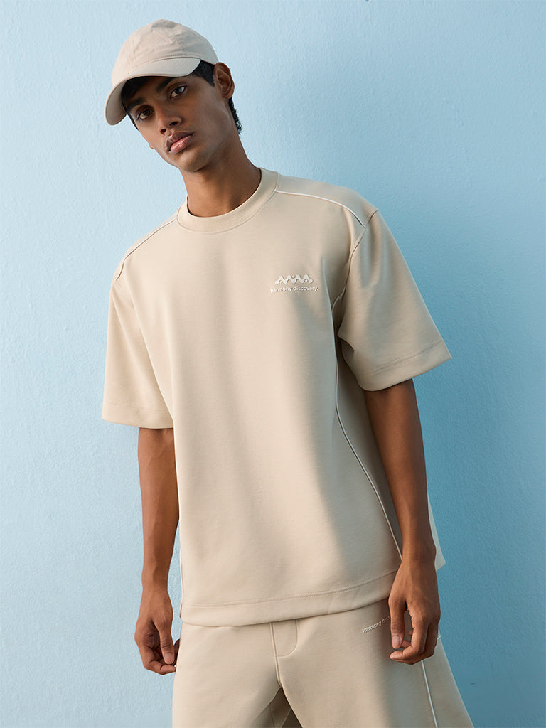 Nuoflexx Beige Graphic Embossed T-Shirt