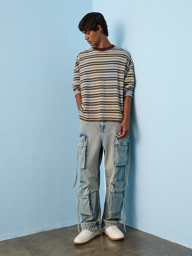 Nuon Blue Washed Relaxed-Fit Mid-Rise Cargo Jeans