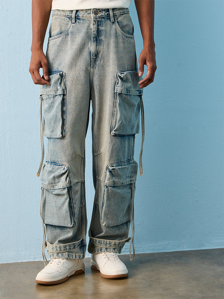 Nuon Blue Washed Relaxed-Fit Mid-Rise Cargo Jeans