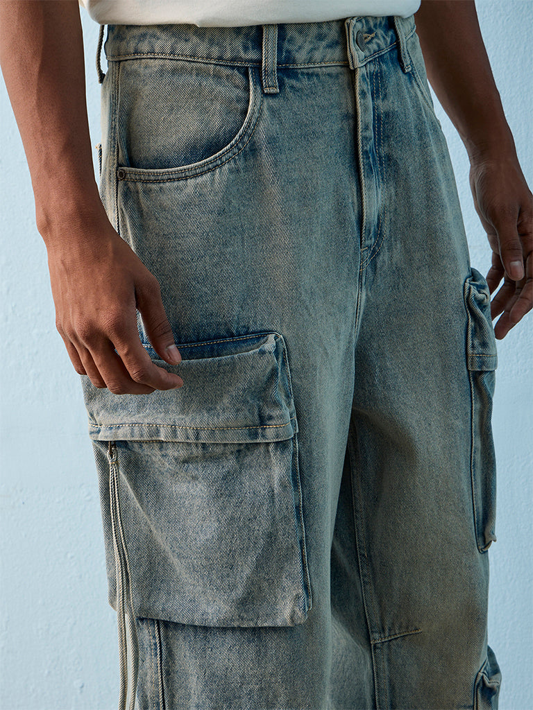 Nuon Blue Washed Relaxed-Fit Mid-Rise Cargo Jeans