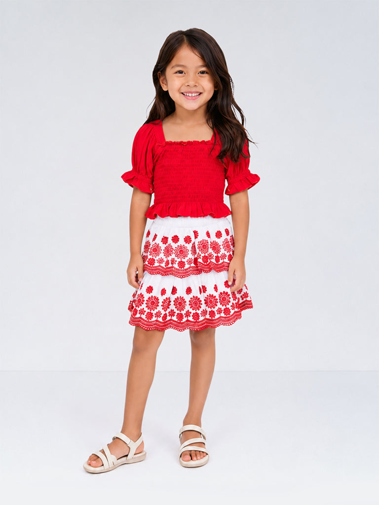 Utsa Kids Girls White Floral Embroidered Cotton Tiered Skirt - (2 - 8 yrs)