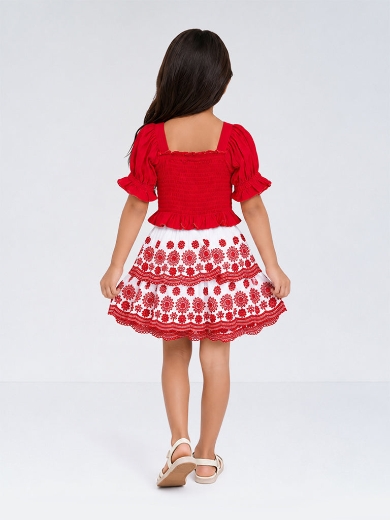 Utsa Kids Girls White Floral Embroidered Cotton Tiered Skirt - (2 - 8 yrs)