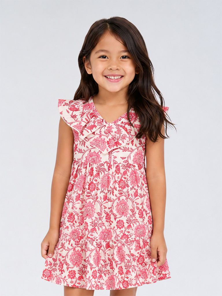 Utsa Kids Girls Pink Floral Printed Cotton A-Line Dress - (2 - 8 yrs)