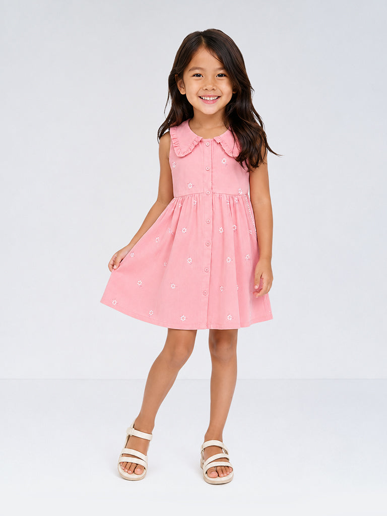 Utsa Kids Girls Pink Floral Embroidered Cotton-Blend A-Line Dress - (2-8 yrs)