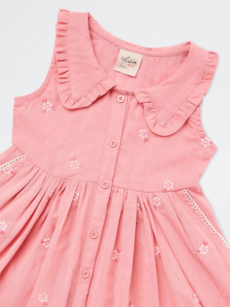 Utsa Kids Girls Pink Floral Embroidered Cotton-Blend A-Line Dress - (2-8 yrs)