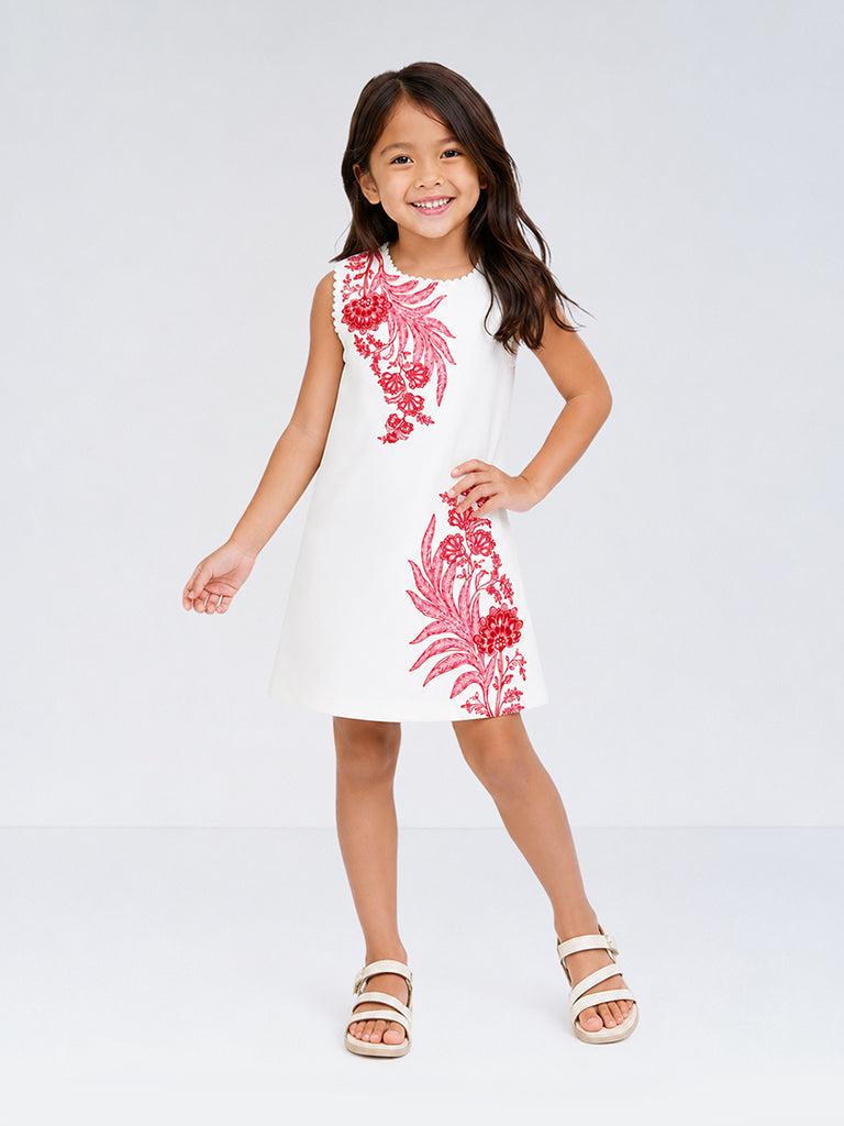 Utsa Kids Girls White Floral Printed Cotton-Blend Shift Dress - (2-8 yrs)