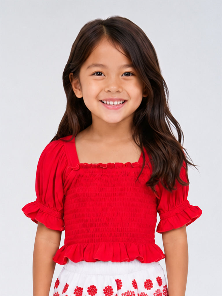 Utsa Kids Girls Red Smocked Top - (2 - 8 yrs)