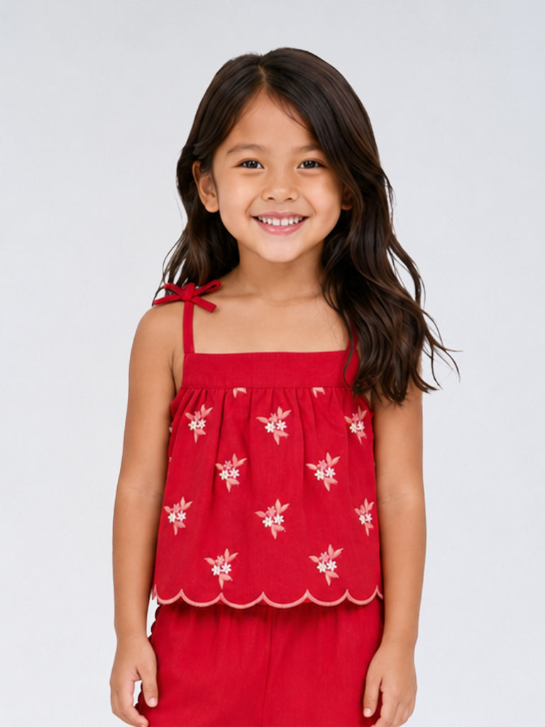 Utsa Kids Girls Red Floral Embroidered Cotton Top - (2-8 yrs)
