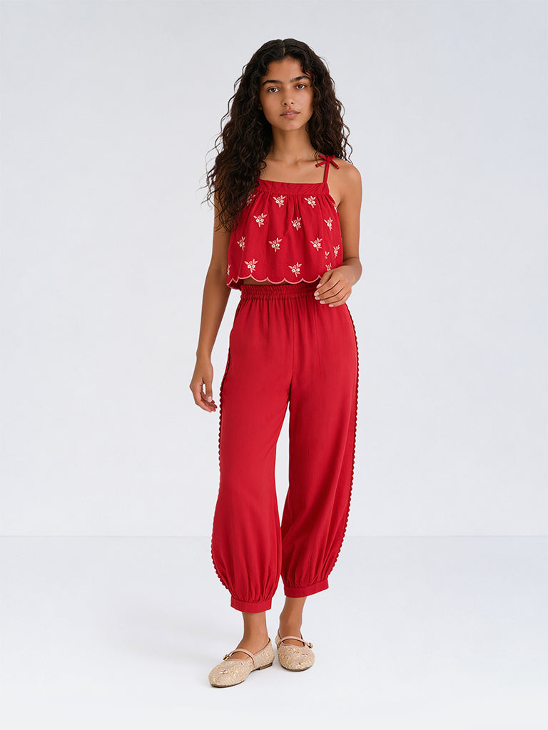 Utsa Kids Girls Red Cotton Ethnic Pants - (8-14 yrs)