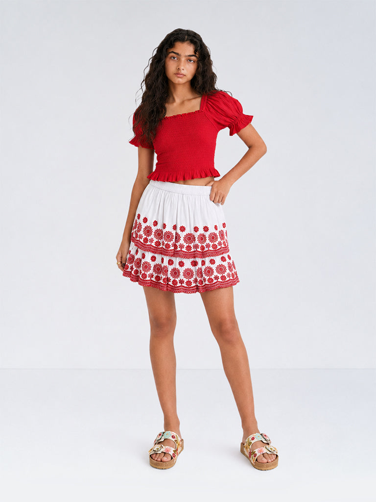 Utsa Kids Girls White Floral Embroidered Cotton Tiered Skirt - (8 - 14 yrs)