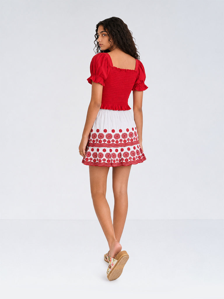 Utsa Kids Girls White Floral Embroidered Cotton Tiered Skirt - (8 - 14 yrs)