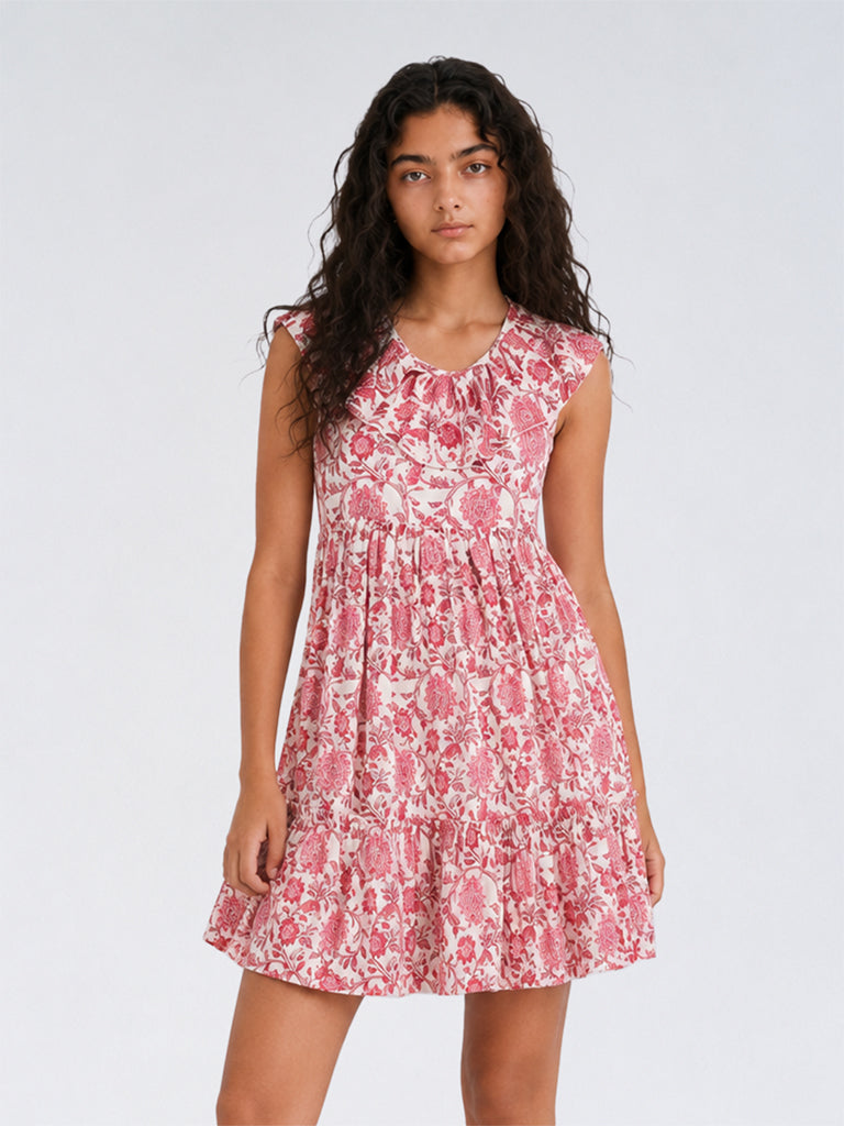 Utsa Kids Girls Pink Floral Printed Cotton A-Line Dress - (8 - 14 yrs)