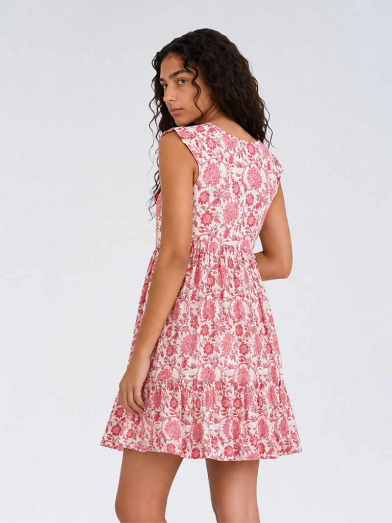Utsa Kids Girls Pink Floral Printed Cotton A-Line Dress - (8 - 14 yrs)