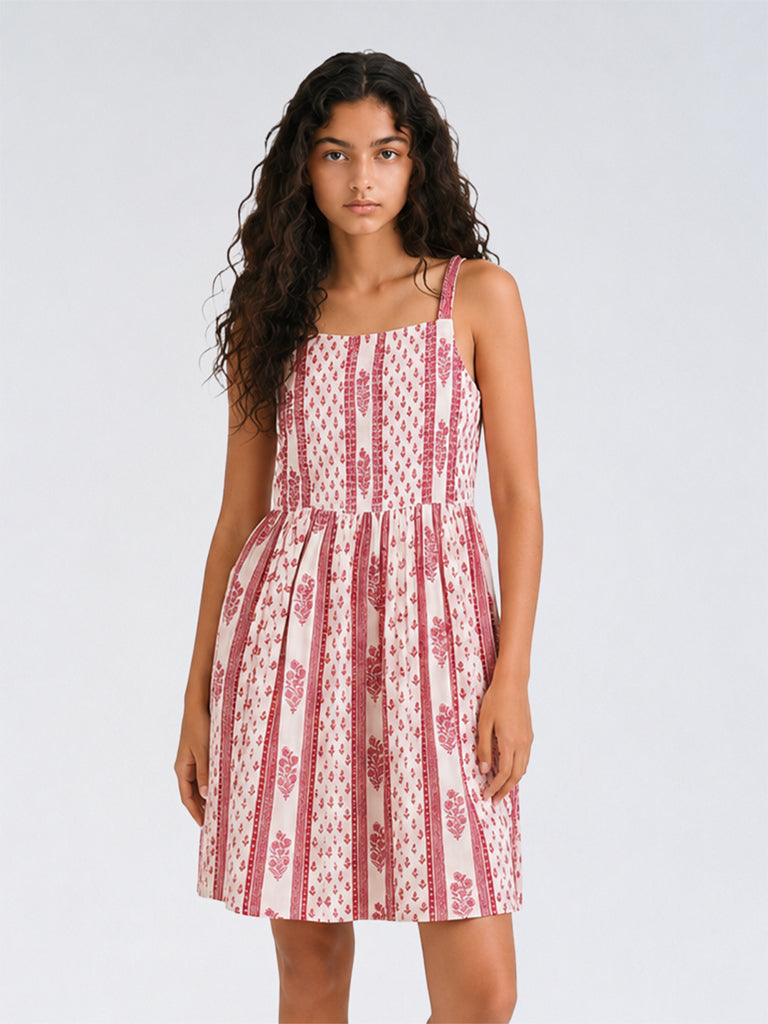 Utsa Kids Girls Off-White Striped Floral Printed A-Line Dress - (8 - 14yrs)