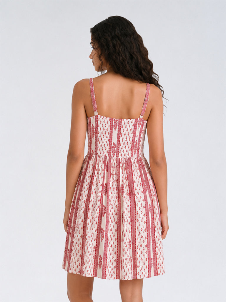 Utsa Kids Girls Off-White Striped Floral Printed A-Line Dress - (8 - 14yrs)