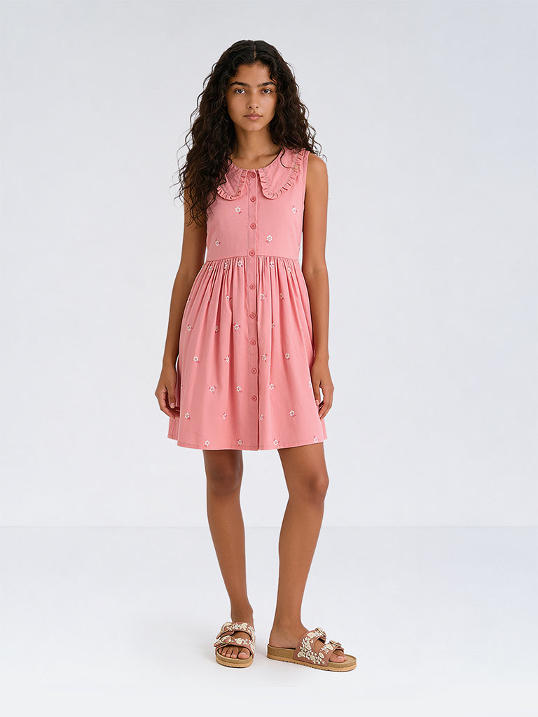 Utsa Kids Girls Pink Floral Embroidered Cotton-Blend A-Line Dress -(8-14 yrs)