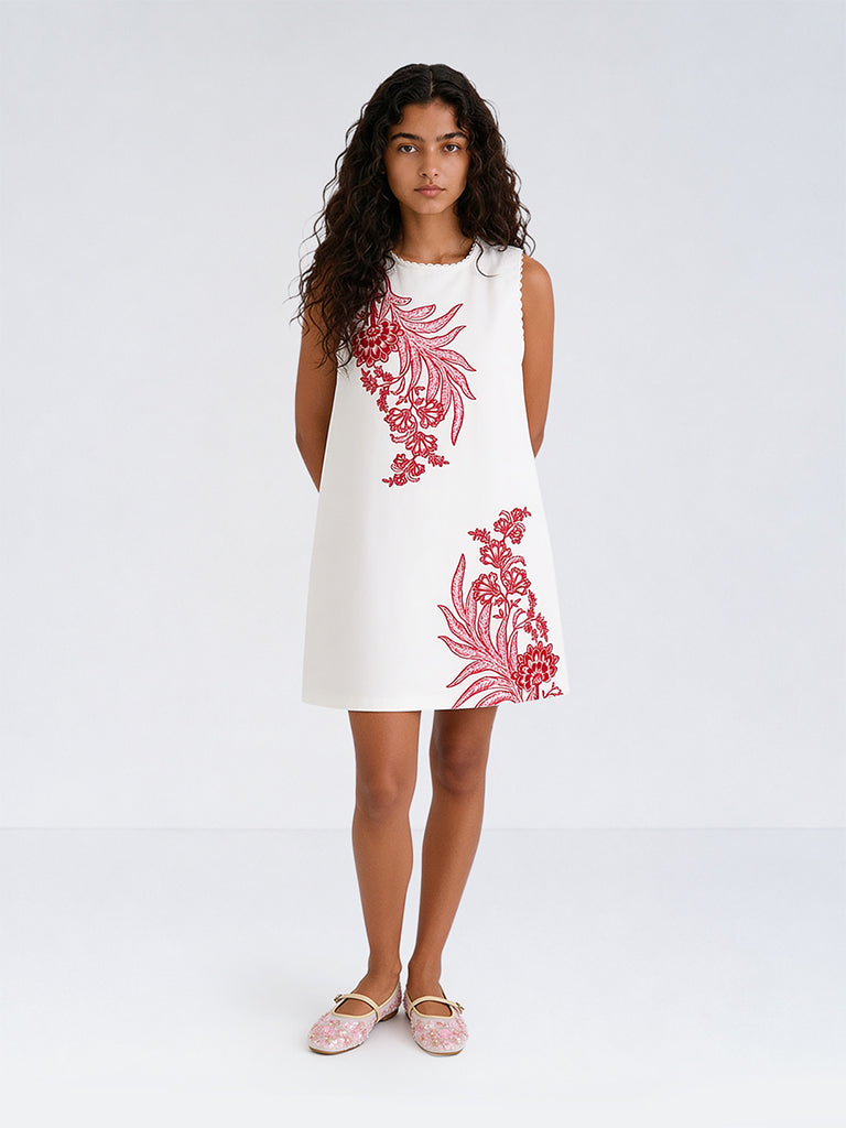 Utsa Kids Girls White Floral Printed Cotton-Blend Shift Dress - (8-14 yrs)