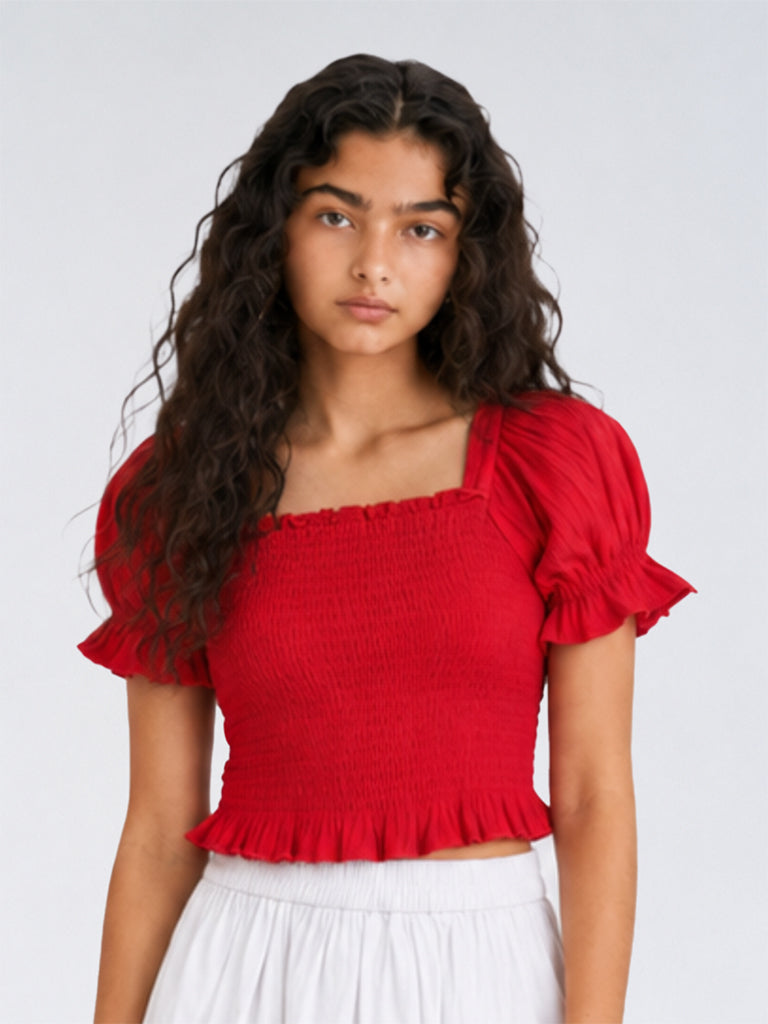 Utsa Kids Girls Red Smocked Top - (8 - 14 yrs)