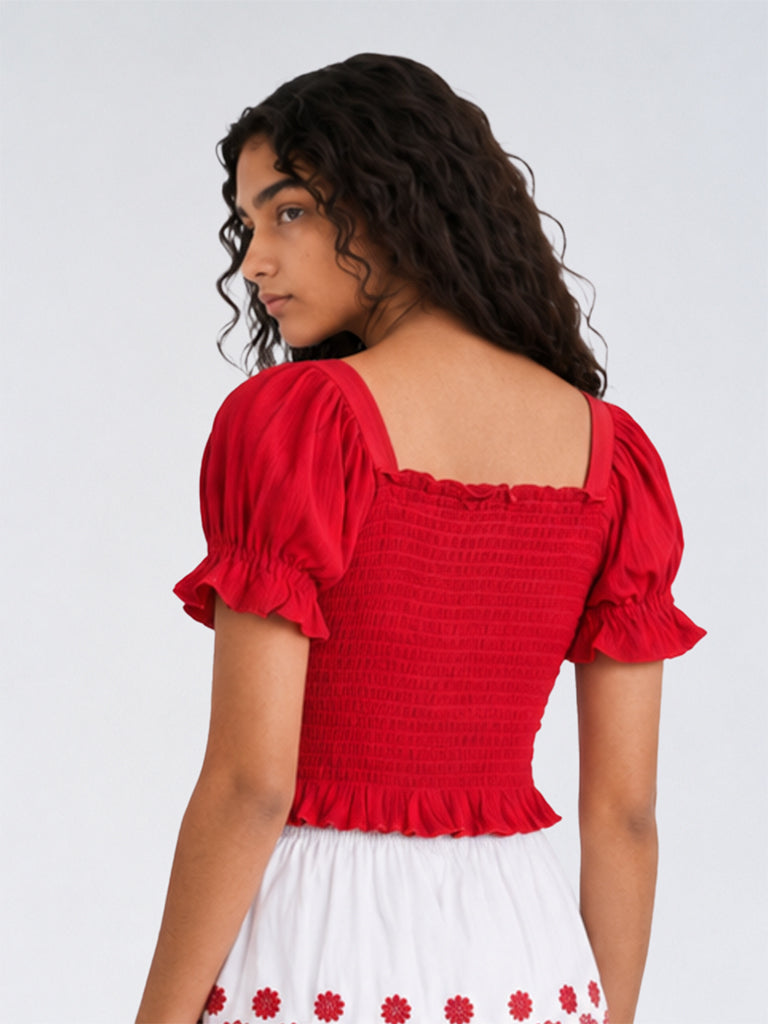 Utsa Kids Girls Red Smocked Top - (8 - 14 yrs)