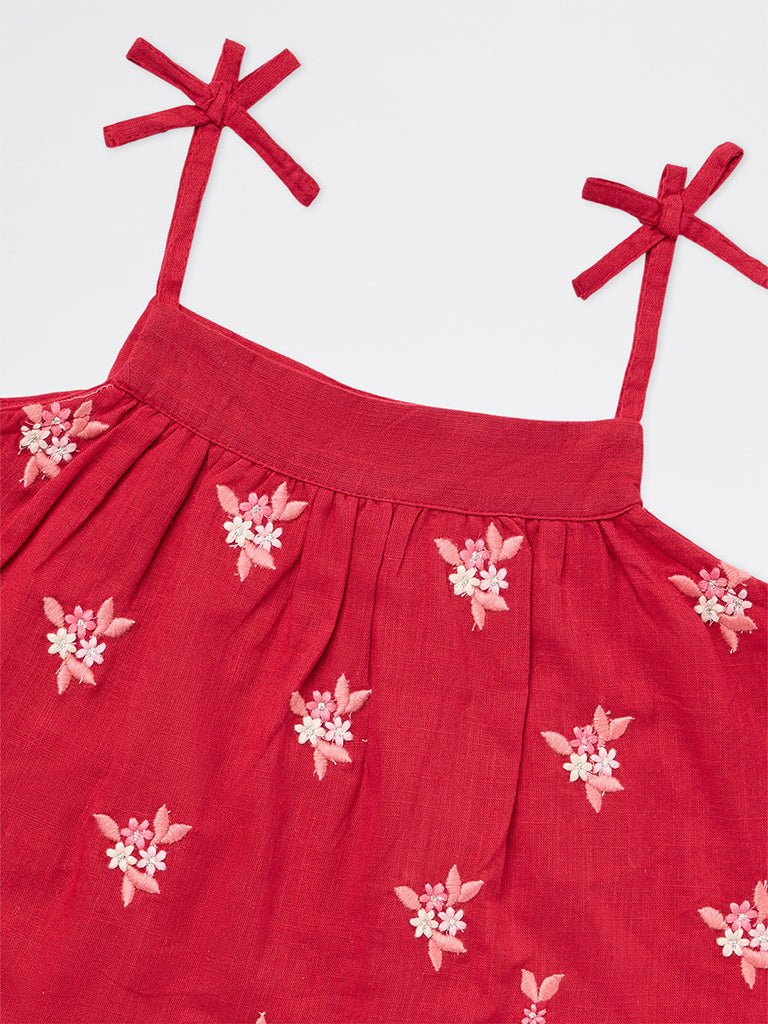 Utsa Kids Girls Red Floral Embroidered Cotton Top - (8-14 yrs)