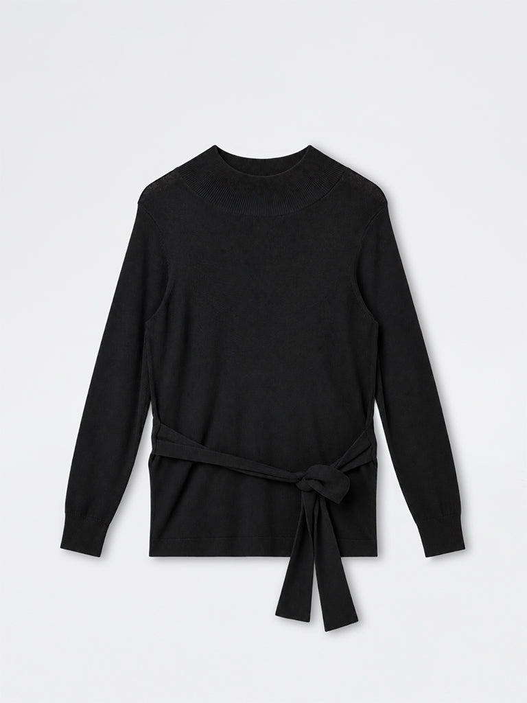 Gia Black Solid Sweater with Tie-Up Detail