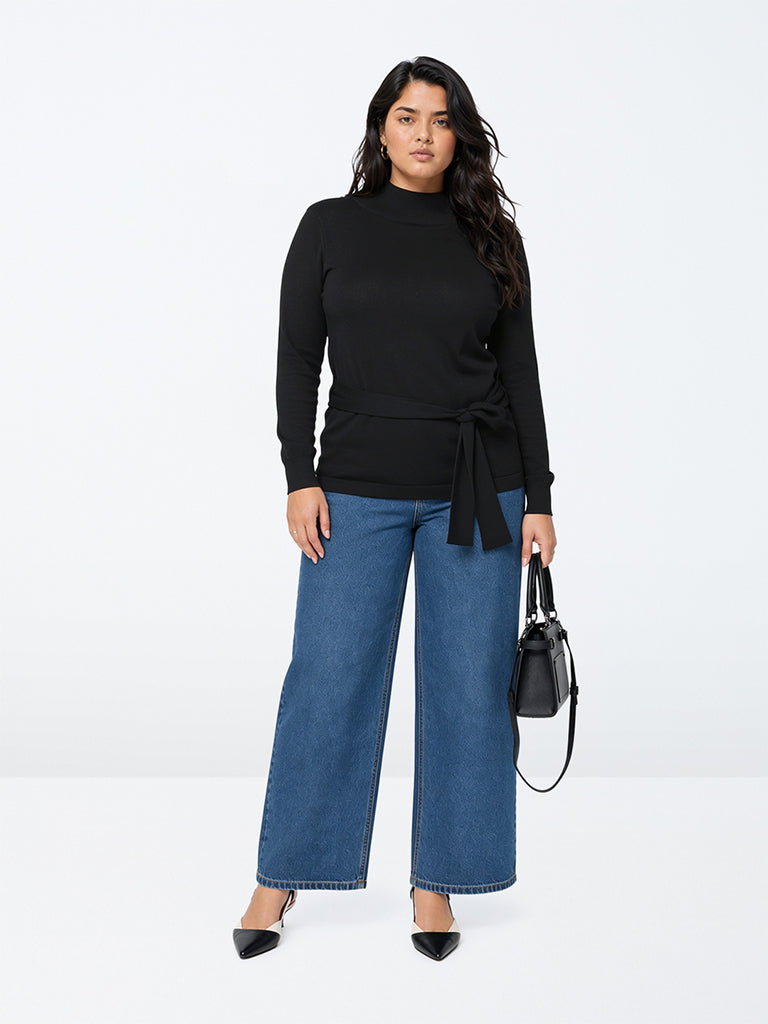 Gia Black Solid Sweater with Tie-Up Detail