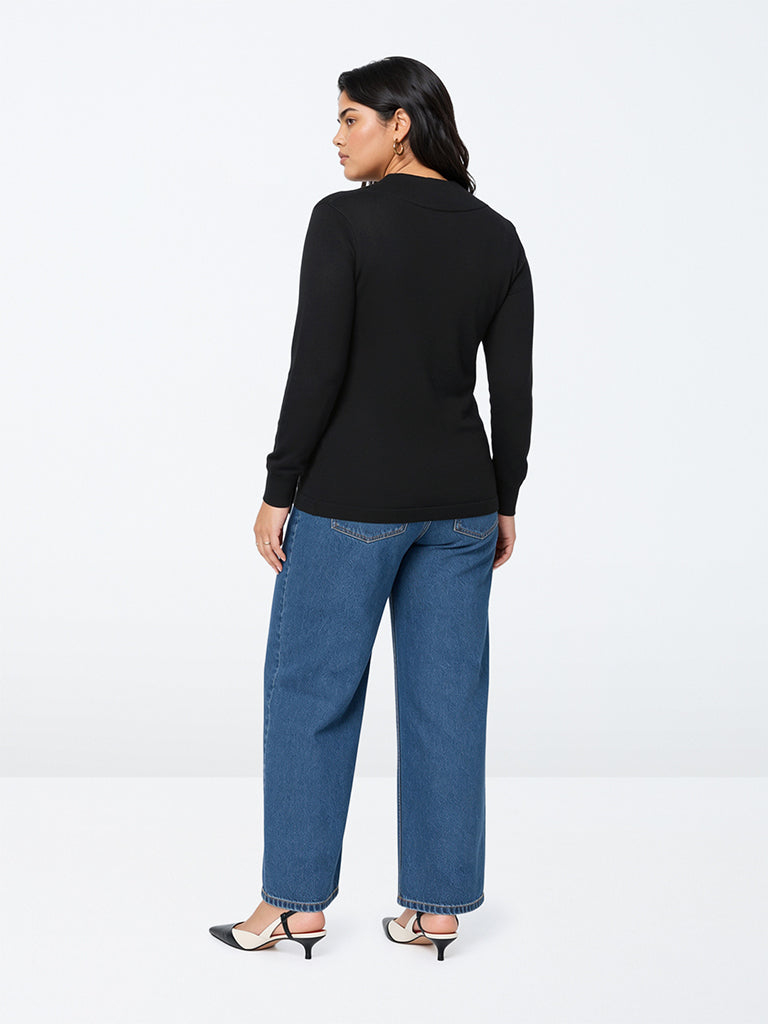 Gia Black Solid Sweater with Tie-Up Detail