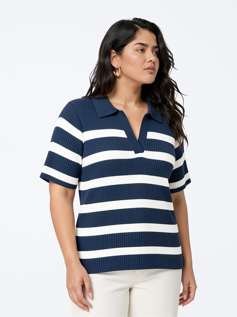 Gia Navy Striped Ribbed-Knit Sweater