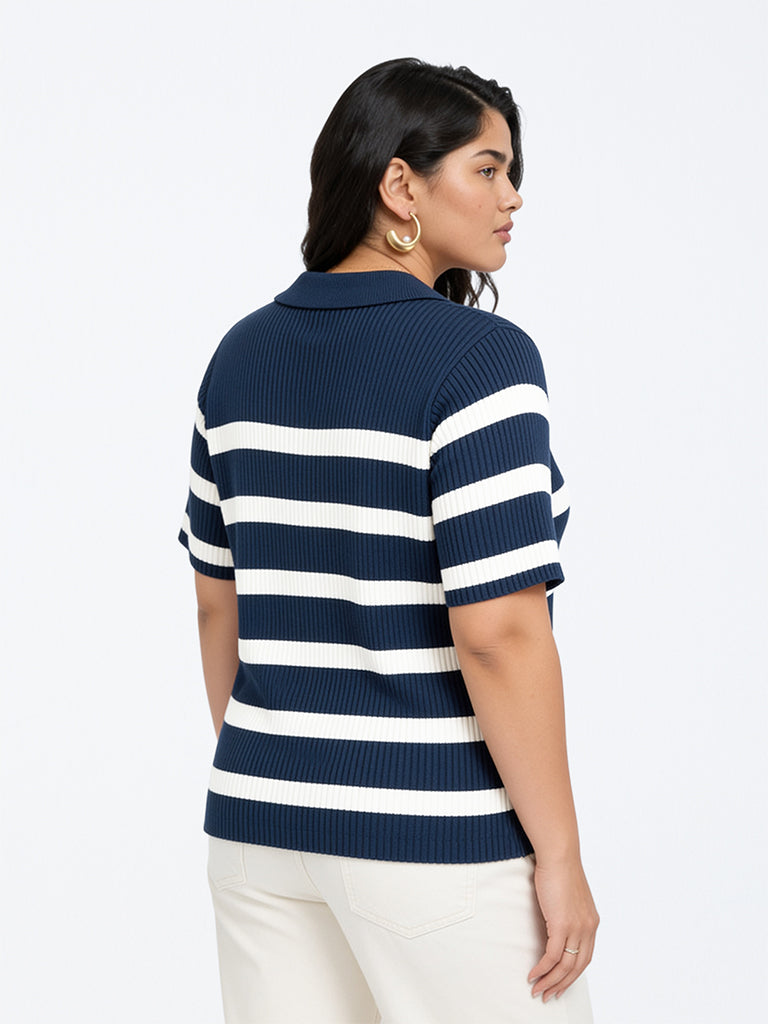Gia Navy Striped Ribbed-Knit Sweater