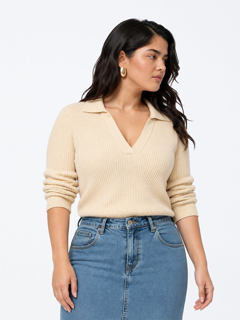 Gia Beige Ribbed-Knit Sweater