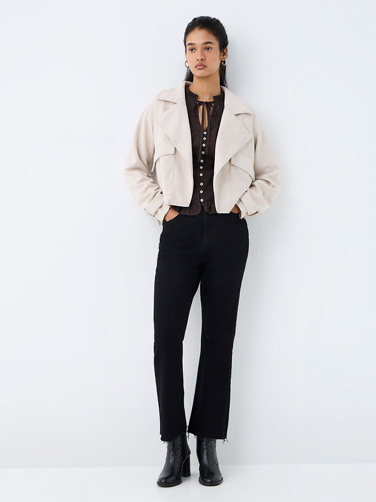 LOV Light Beige Solid Suede Jacket